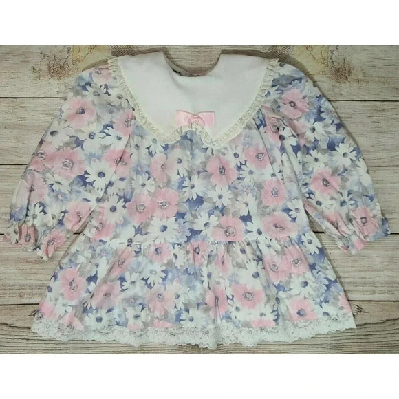 Vintage Polly Flinders Toddler Girl Dress Size T3 Floral Drop Waist Ruffle Lace - Picture 1 of 5